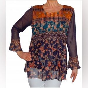 Desigual Cacto Multicolor Floral Sheer Mesh Blouse Size XS Bell Sleeve Bohemian
